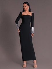 BREENDA SQUARE NECK DIAMOND TIGHT BANDAGE MAXI DRESS IN BLACK