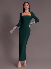 BREENDA SQUARE NECK DIAMOND TIGHT BANDAGE MAXI DRESS IN BLACK