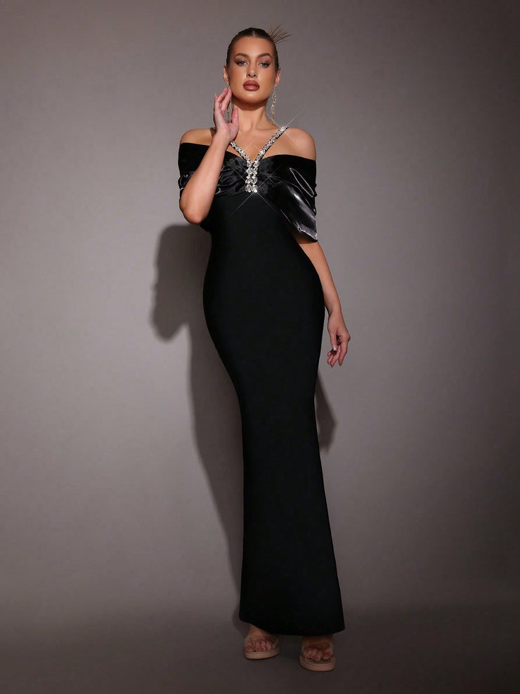 Luxurious Beaded Spaghetti Strap Backless Bandage Dress, Shiny Shoulder Hollow Short Sleeved Women's Tight Fitting Long Shirt