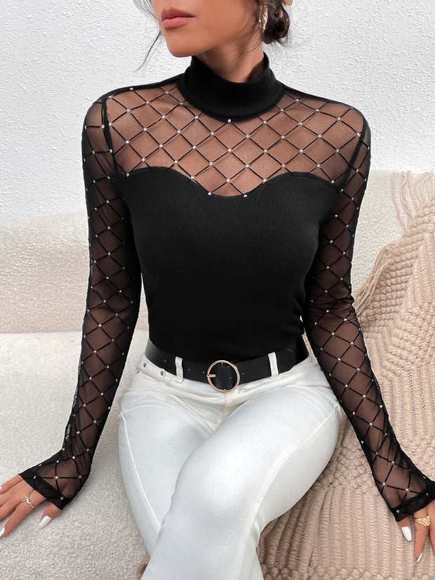 Women's Long Sleeve T-Shirt Rhinestone Insert Contrast Mesh High Neck Tee Sweatshirts Tops Shirts