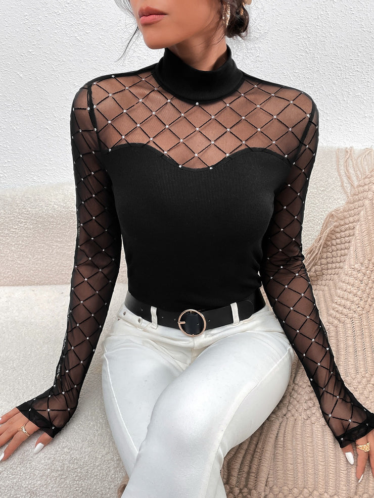 Women's Long Sleeve T-Shirt Rhinestone Insert Contrast Mesh High Neck Tee Sweatshirts Tops Shirts