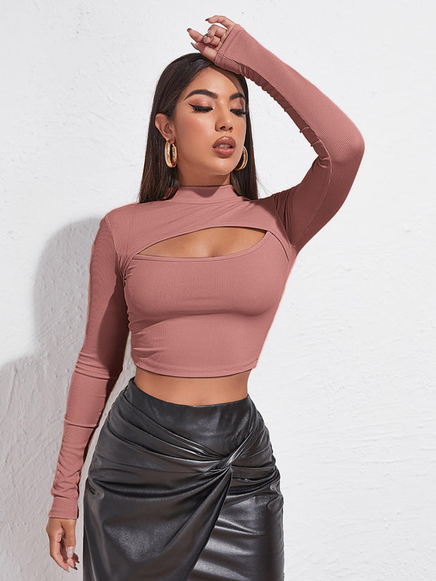 SHEIN Mock Neck Cut-out Rib-knit Slim Crop Tee