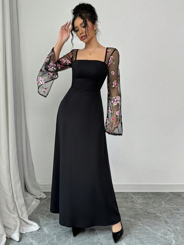 womens elegant black floral embroidered square neck dress