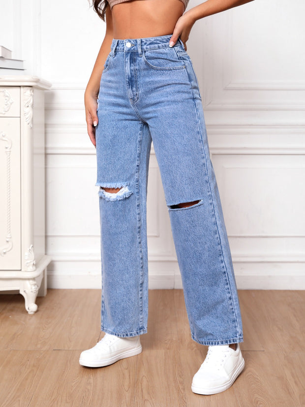 Dark Washed High Waisted Ripped Denim Jeans