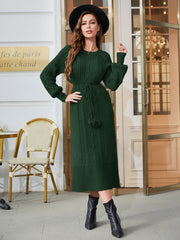 Elegant Twill Women's Dress with Self-Tie Waist & Faux Fur Ball