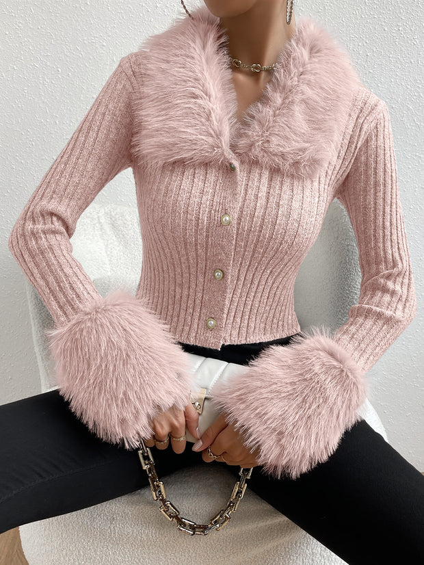 Elenzga Ribbed Women’s Jacket with Fur Collar and Long Sleeves