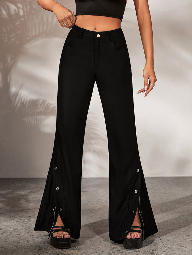 Classic Black Flare Leg Pull On Button Pants