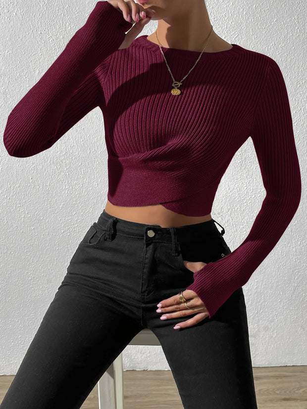 FashionMille Women's Long Sleeve Solid Slim Crop Top Round Neck Tee Stretch Shirt