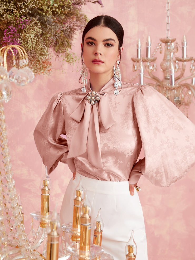 SHEIN Tie Neck Lantern Sleeve Lace Blouse