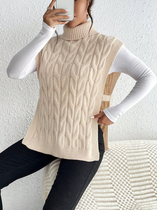 SHEIN Frenchy 1-piece cable-knit sleeveless turtleneck sweater with a slit hem.
