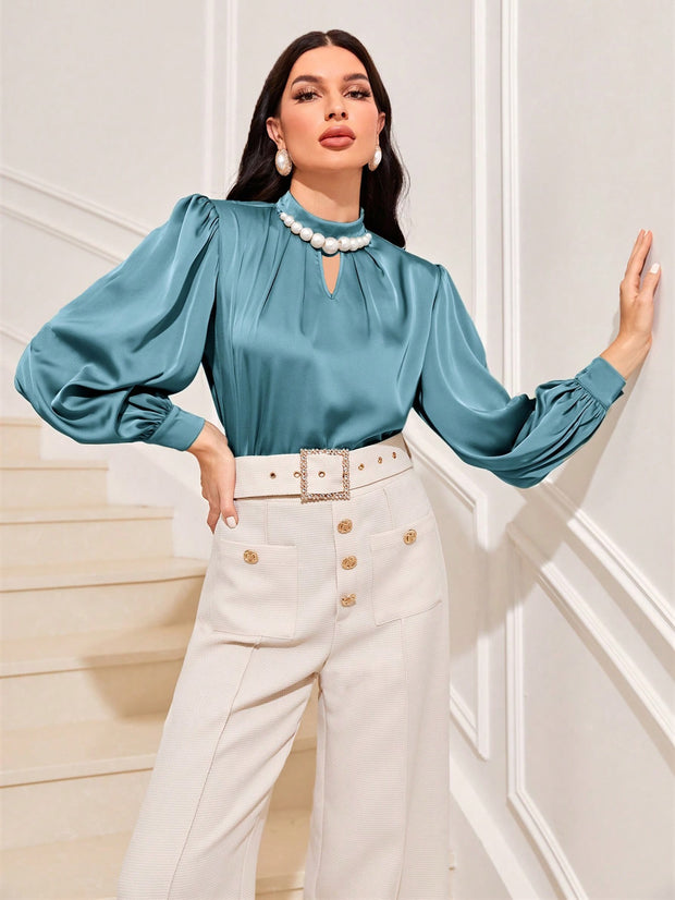 Women Modely Pearls Beaded Keyhole Neckline Lantern Sleeve Satin Blouse