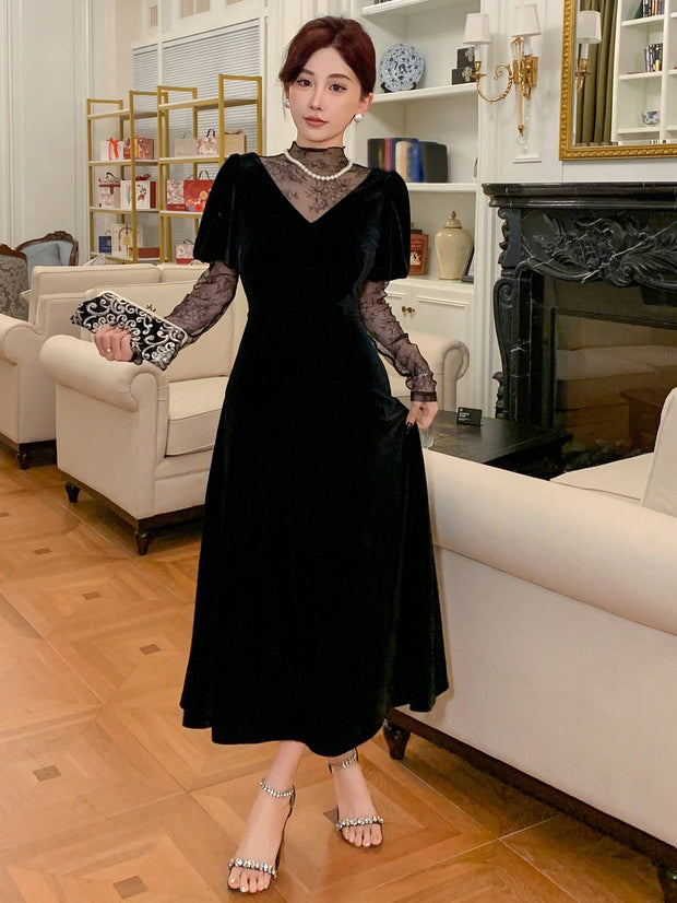 Elegant Lace All-match Spring Puff Sleeve Vintage Ankle-length Temperament Ulzzang Fashion