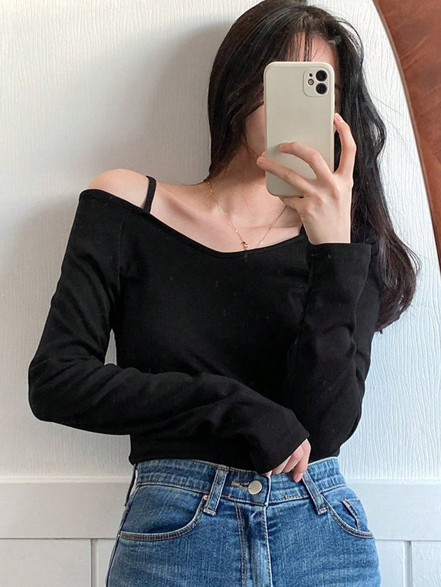Women's Off Shoulder Solid Color Long Sleeve T-Shirt