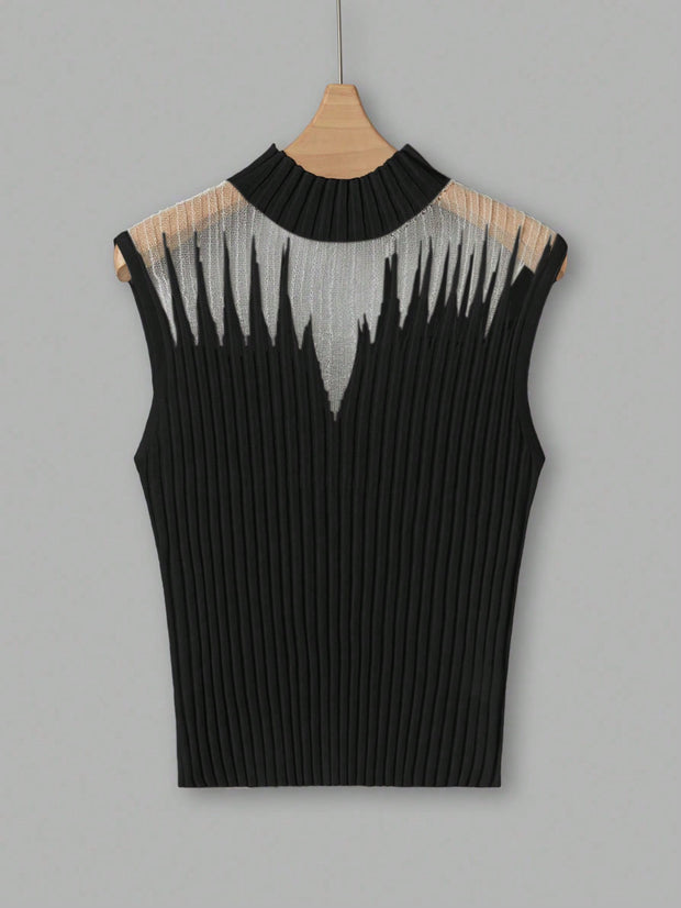 Uhlyne Women Stand Collar Mesh Contrast Ribbed Knitted Tank Top