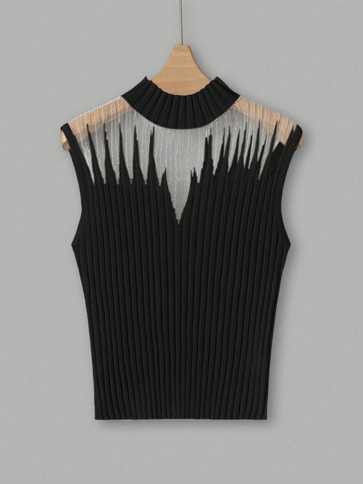 Uhlyne Women Stand Collar Mesh Contrast Ribbed Knitted Tank Top