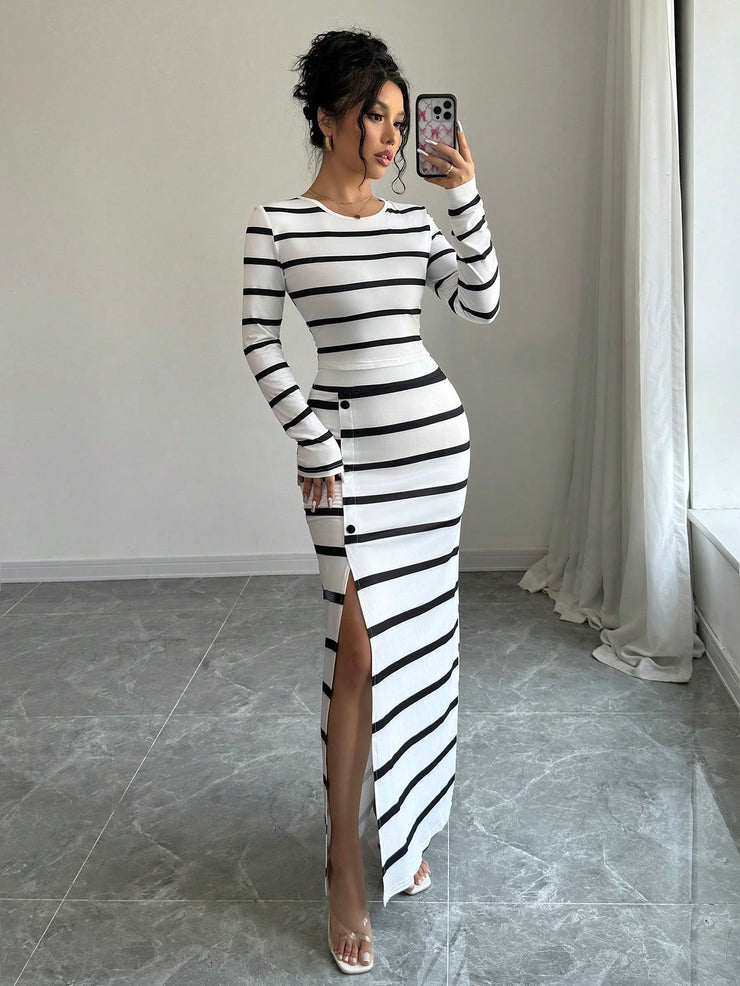 Women's Black & White Striped Casual Fitted Long Sleeve Top And Slit Pencil Skirt 2 Piece Set