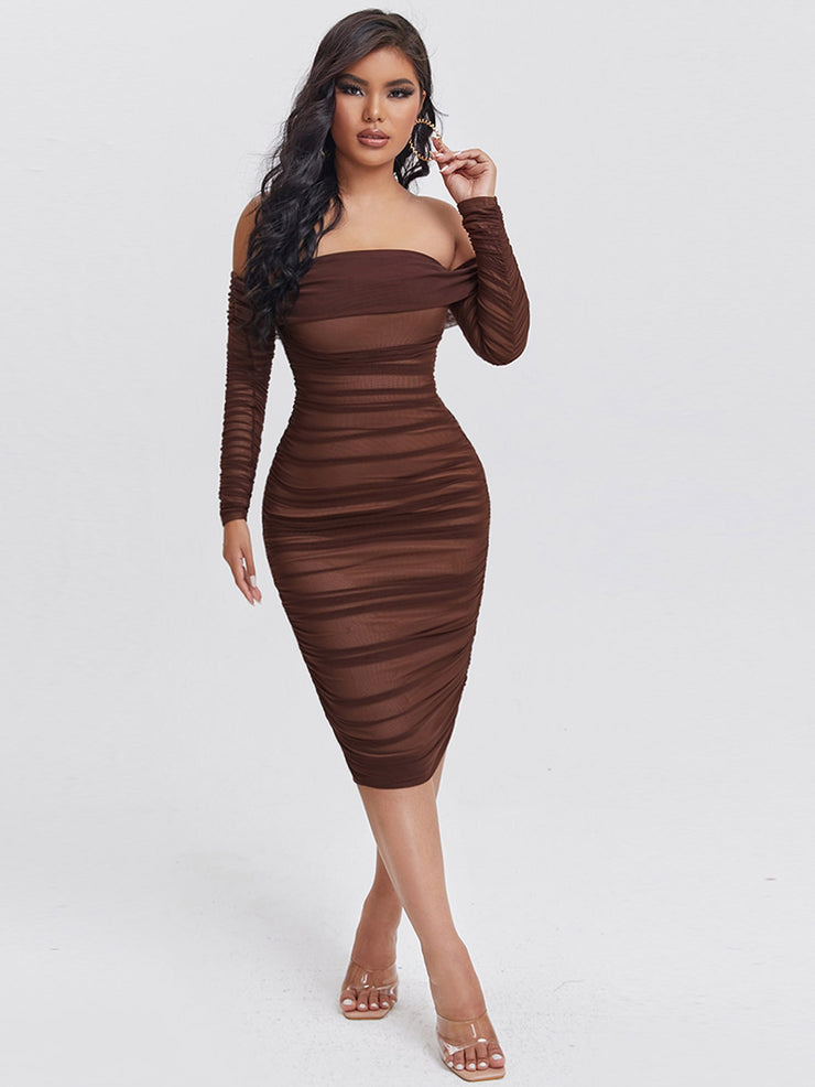 SHEIN SXY Prom Dress; Spring And Summer Ruffled Off-Shoulder Mesh Brown Tight Sexy Dress