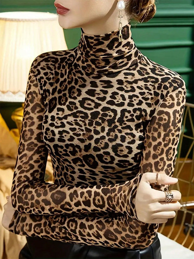 Women's High-Neck Long Sleeve Leopard Graphic Print