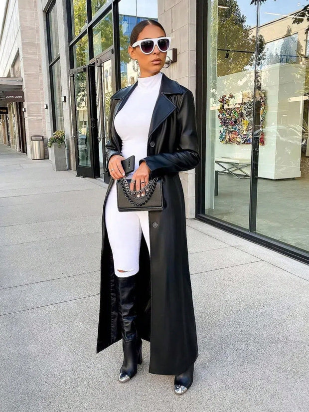 Black Elegant Women's Faux Leather Trench Coat