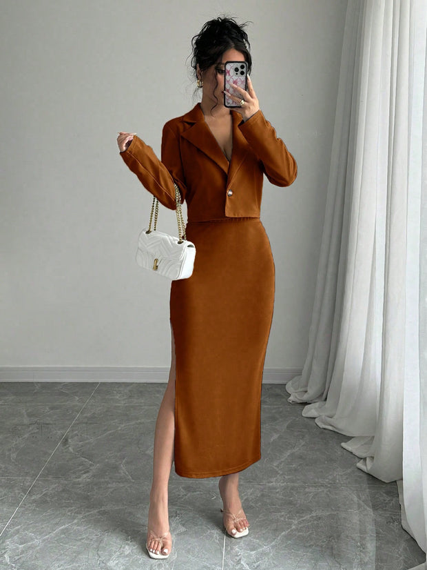 SHEIN Elenzga 1set Brown Elegant Casual Ladies' Suit