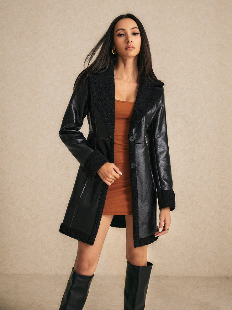 Sweetra Women's Casual Long Fluffy & PU Leather Splice Trench Coat, Autumn Fall Winter Cloth For Women