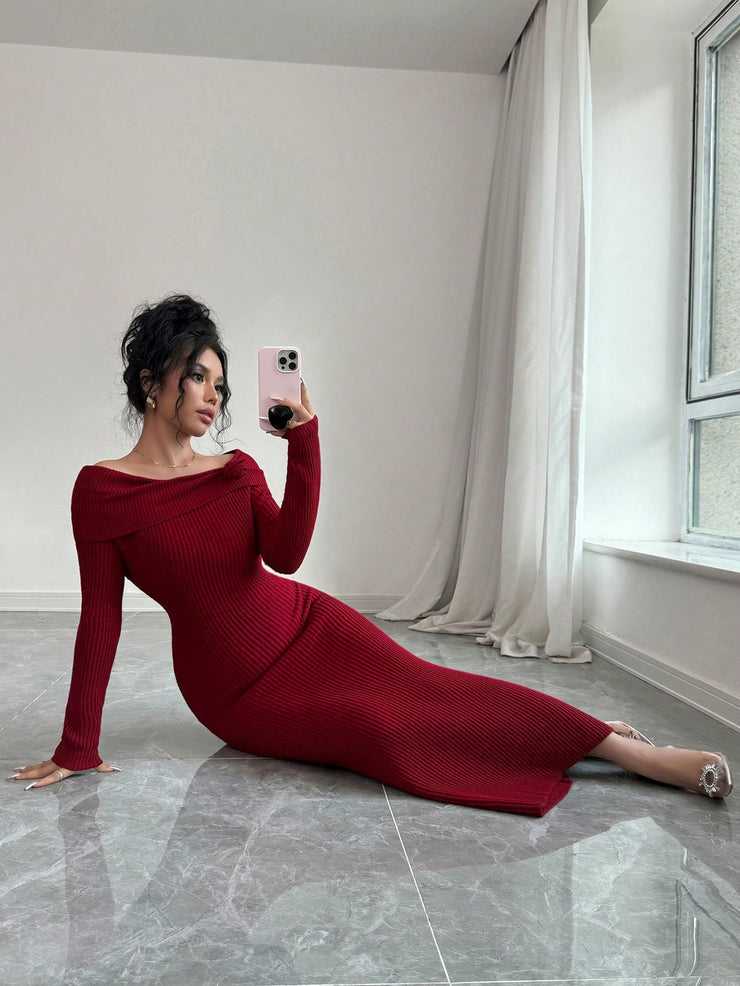 DAZY Valentine's Day Solid Color Off Shoulder Knitted Dress For Women
