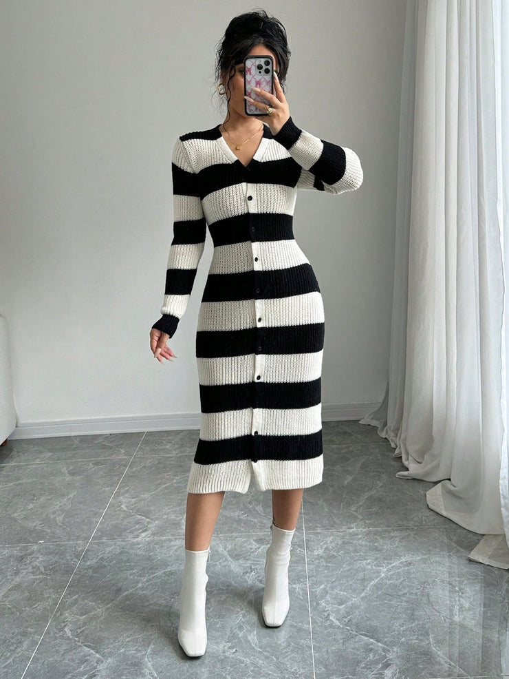 Women's V-Neck Button Striped Long Sleeve Fitted Charming Sweater Dress