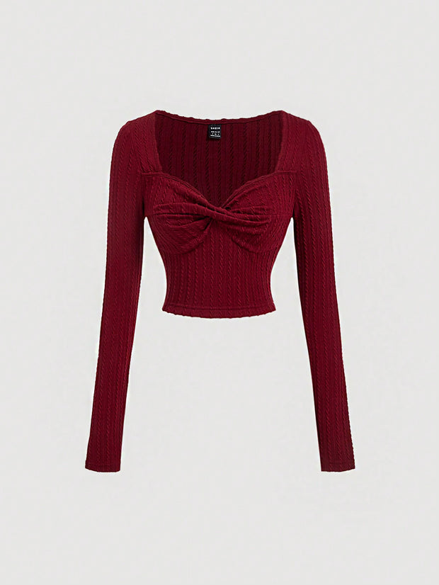 womens elegant red long sleeve top bow detail