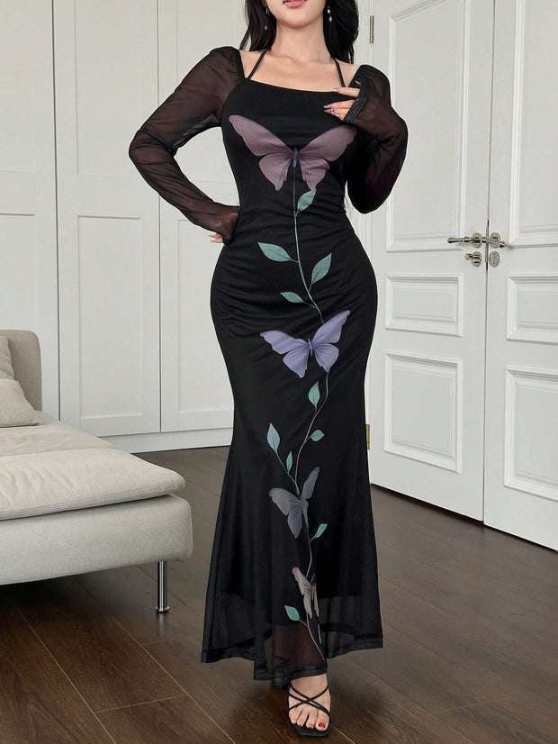 Halter Butterfly Print Mesh Midi Mermaid Dress