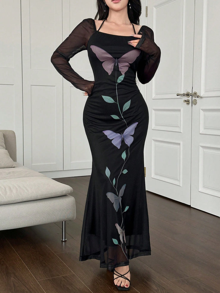 Halter Butterfly Print Mesh Midi Mermaid Dress