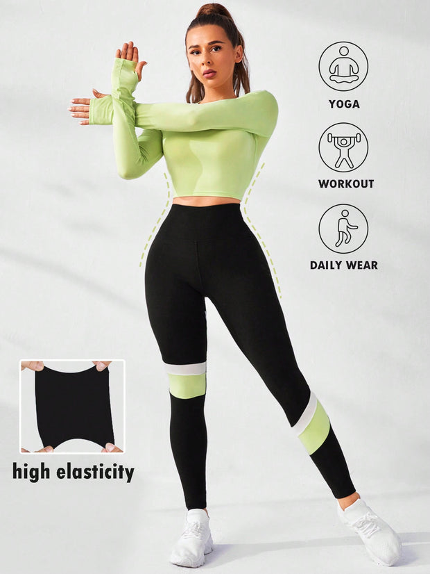 SHEIN Cheerettes Color Block High Elasticity Women's Sports Suit Workout Women Set Women Leggings Set