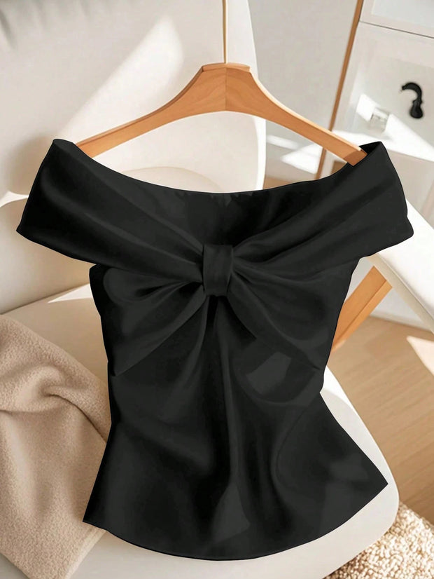 INAWLY Women's Solid Color Twist Off-Shoulder Fashionable Top