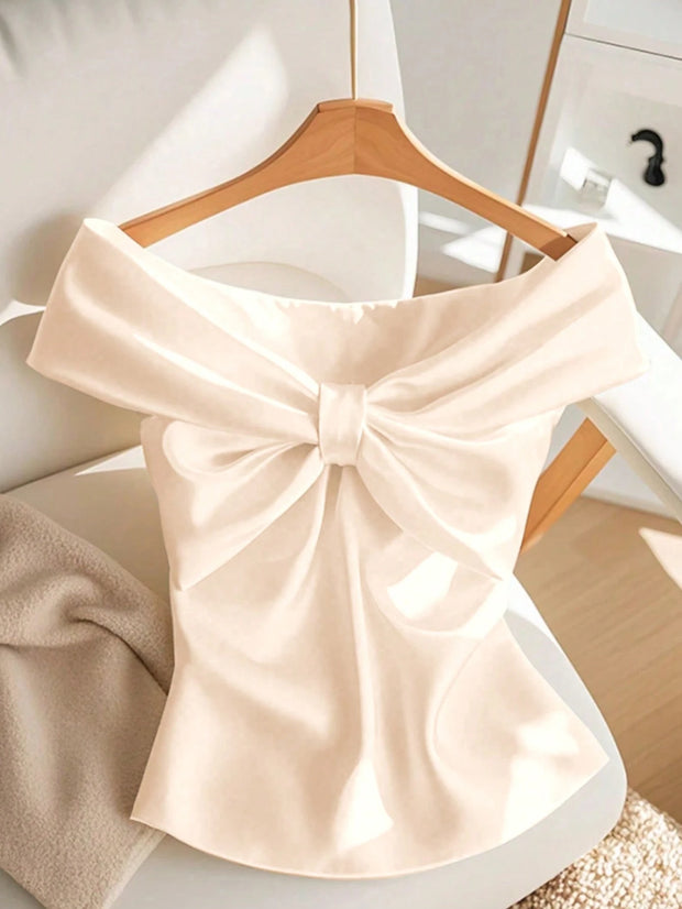 INAWLY Women's Solid Color Twist Off-Shoulder Fashionable Top