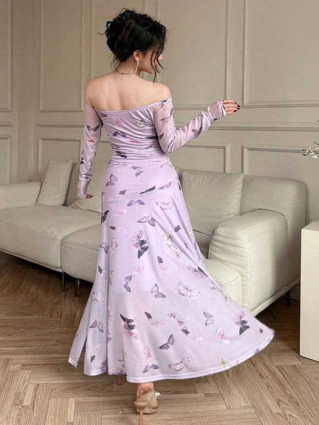 Joudiya Women's Slim Fit Vacation All-Over Butterfly Print Off Shoulder Mid-Calf A-Line Dress