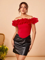 KATLO SKEYS Designer Red Solid Mesh Ruffles Neck Off Shoulder Sexy Top For Party Going Out, Festival