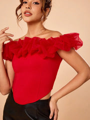 KATLO SKEYS Designer Red Solid Mesh Ruffles Neck Off Shoulder Sexy Top For Party Going Out, Festival