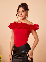 KATLO SKEYS Designer Red Solid Mesh Ruffles Neck Off Shoulder Sexy Top For Party Going Out, Festival