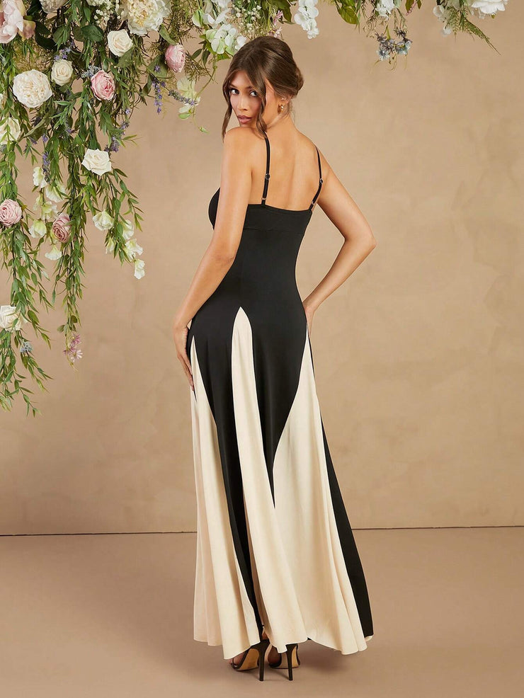 L'Amorae Elegant Black And White Dress With Spaghetti Straps