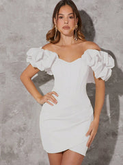 L'Amorae Off Shoulder Ruffle Wrap Hem Dress
