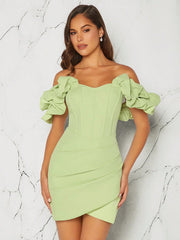 L'Amorae Off Shoulder Ruffle Wrap Hem Dress