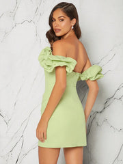 L'Amorae Off Shoulder Ruffle Wrap Hem Dress