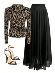 Women Autumn Solid Crew Neck Pleated Fitted Long Sleeve T-Shirt + Leopard Print Skirt