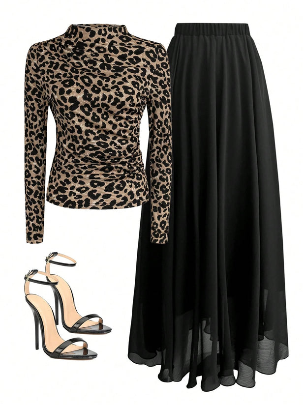 Women Autumn Solid Crew Neck Pleated Fitted Long Sleeve T-Shirt + Leopard Print Skirt