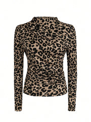 Women Autumn Solid Crew Neck Pleated Fitted Long Sleeve T-Shirt + Leopard Print Skirt