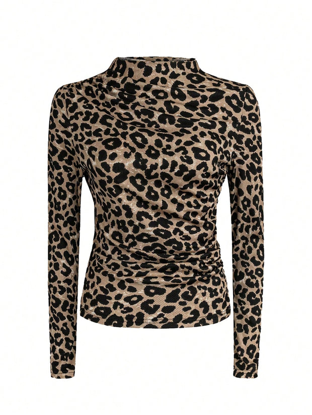 Women Autumn Solid Crew Neck Pleated Fitted Long Sleeve T-Shirt + Leopard Print Skirt