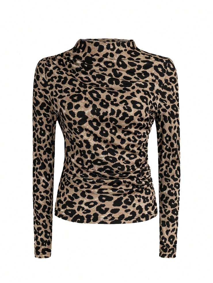 Women Autumn Solid Crew Neck Pleated Fitted Long Sleeve T-Shirt + Leopard Print Skirt