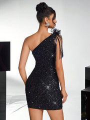 Lovelzi Elegant And Gorgeous Black Fine Sequin Contrast Organza One-Shoulder Cocktail Dress