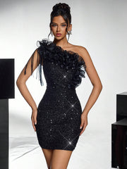 Lovelzi Elegant And Gorgeous Black Fine Sequin Contrast Organza One-Shoulder Cocktail Dress