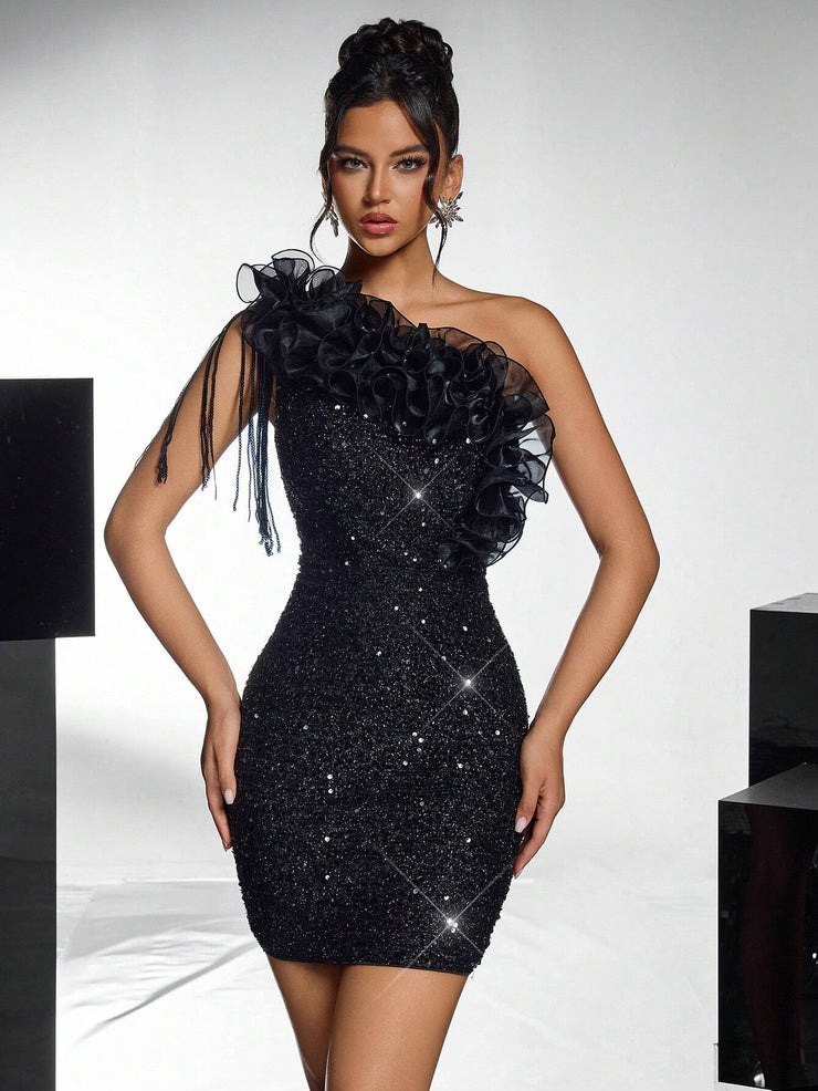 Lovelzi Elegant And Gorgeous Black Fine Sequin Contrast Organza One-Shoulder Cocktail Dress