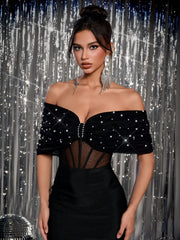 Lovelzi Elegant Black Off-Shoulder Mesh Bow Handmade Pearl Waist Tight Fitting Cocktail Dress